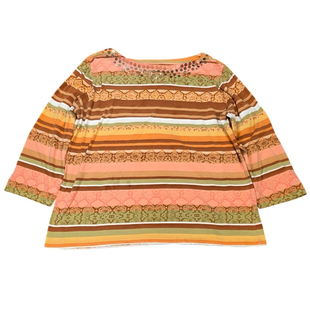 Ruby Rd Striped Sequin Boat Neck Blouse Women's Size XL Pink Brown Animal Print